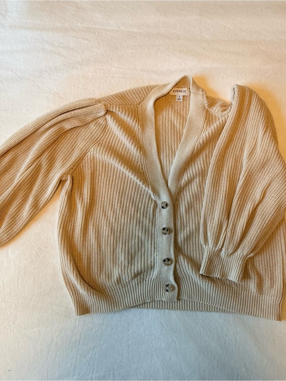 Evereve Beige Ribbed Button-Front Cardigan with Balloon Sleeves